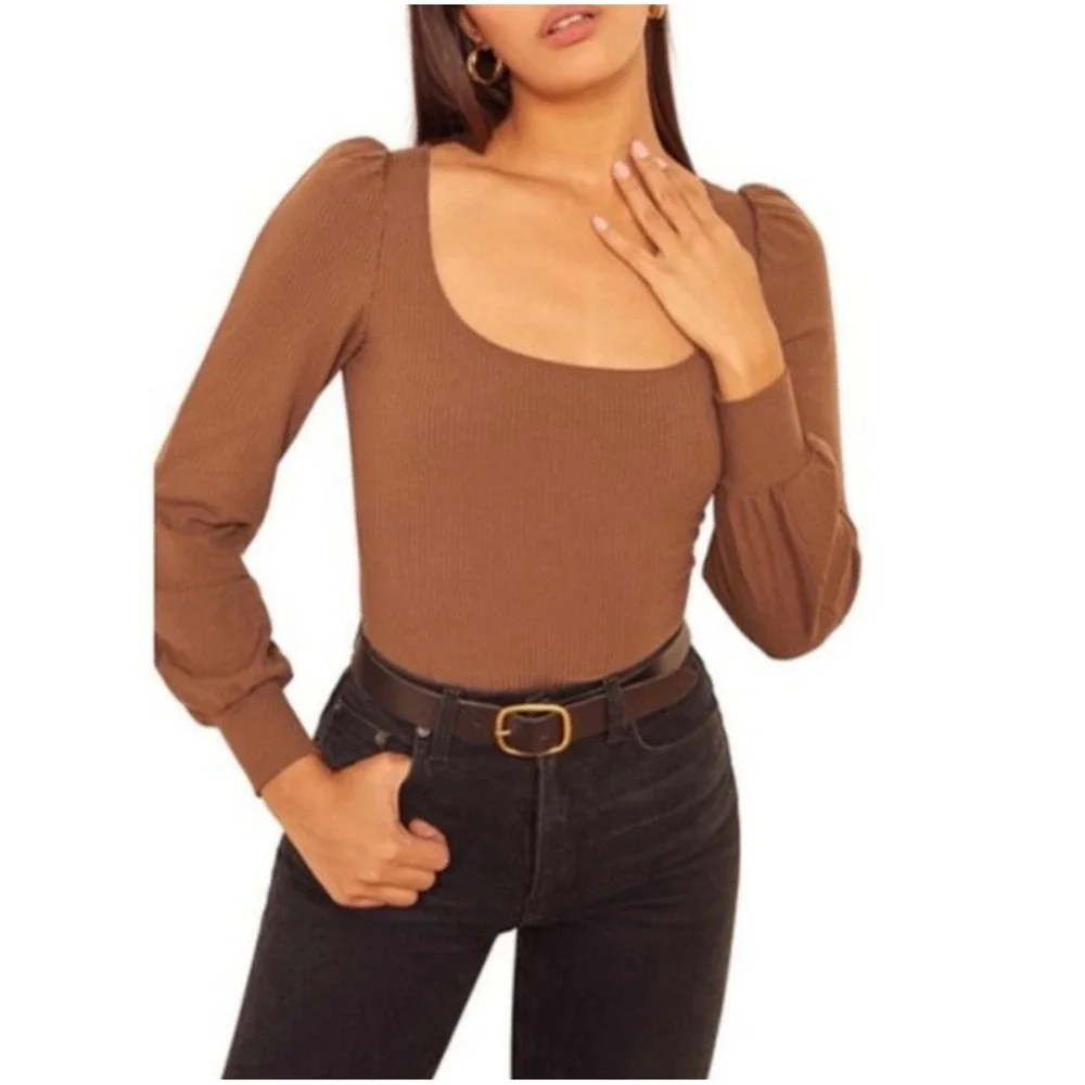 Reformation Jeans Brown Ribbed Puff Sleeve Scoop Neck Top XS Cinnamon Tencel